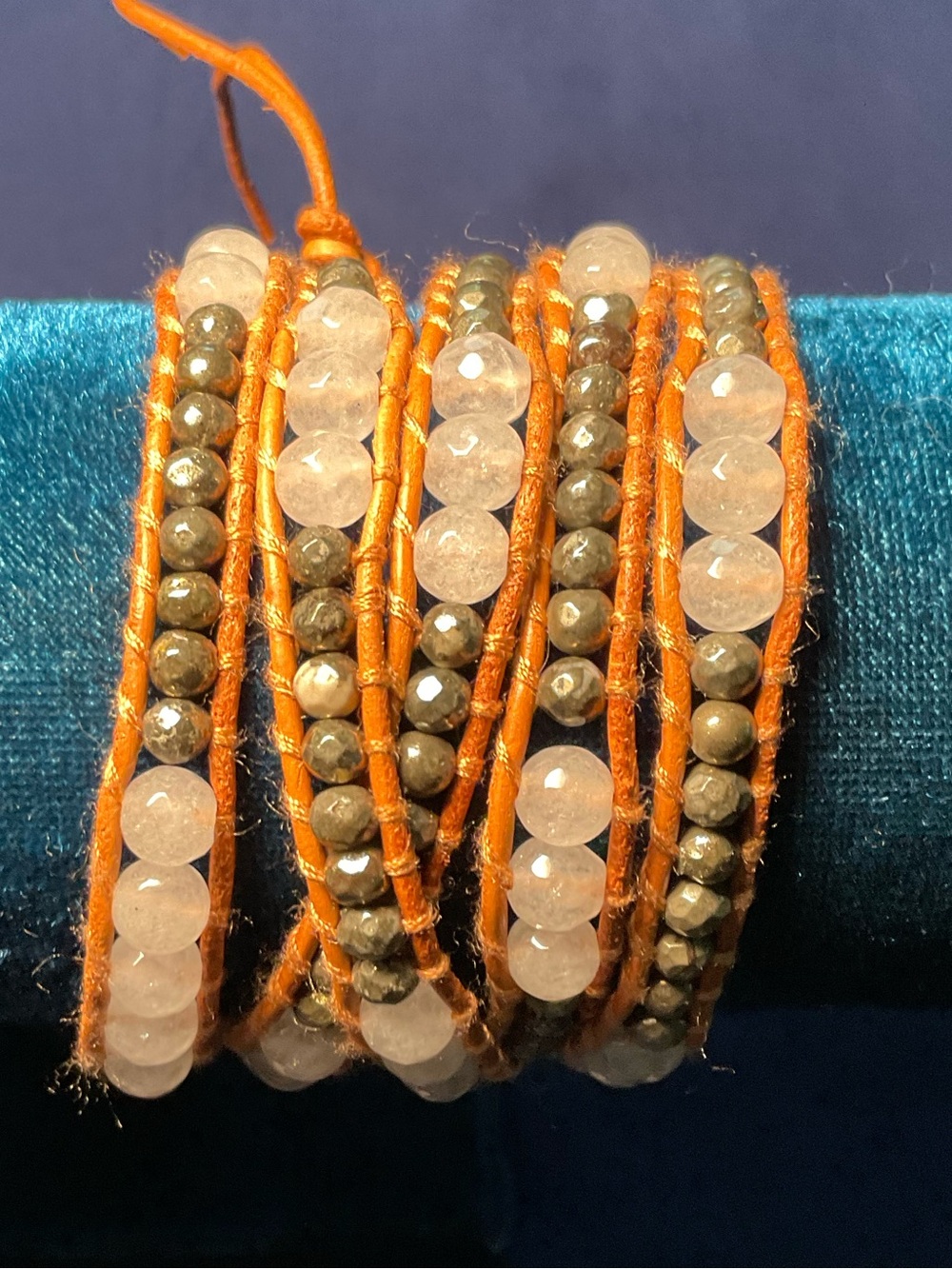 Orange Multi-Strand Beaded Wrap Bracelet with Rose Quartz and Pyrite Accents